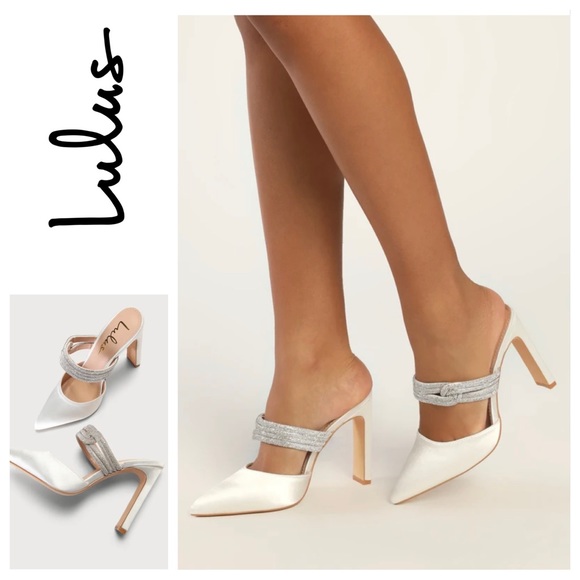 Lulu’s Celines White Satin Rhinestone Pointed-Toe Mule Pumps. Sz: 7 - Picture 2 of 15